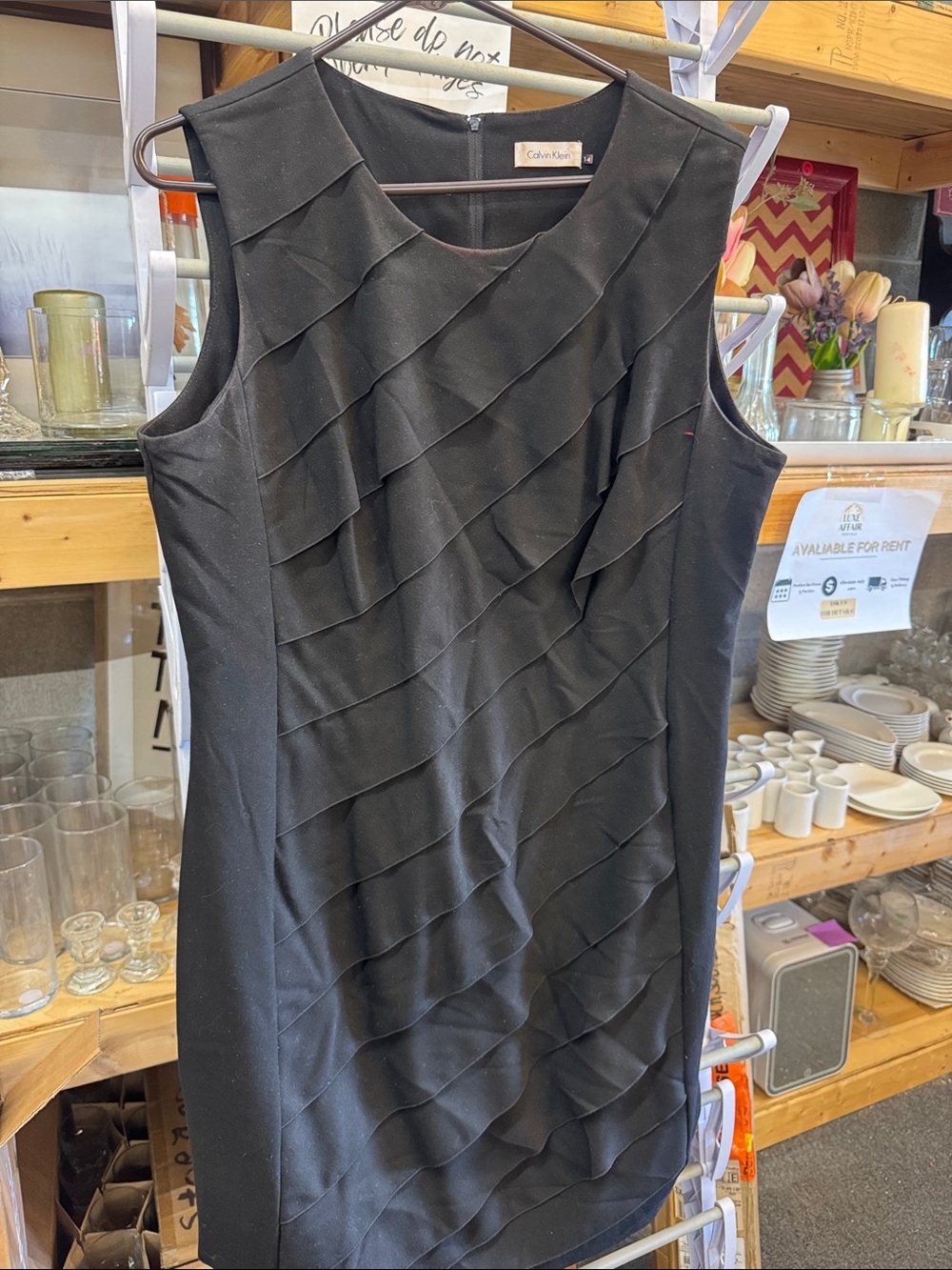 Calvin Klein Black Sleeveless Tiered Shift Dress with Diagonal Ruffles